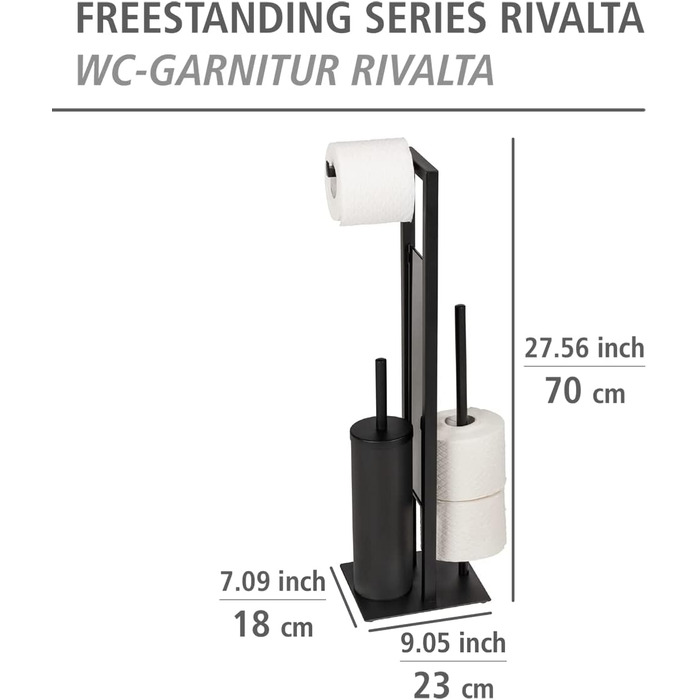 Комплект для унітазу WENKO Rivalta, закритий стоячий унітаз з матової лакованої сталі з важкими скляними пластинами з безпечного скла, з туалетною щіткою, тримачем для туалетного рулону та тримачем для запасного рулону, чорний чорний/чорний/чорний