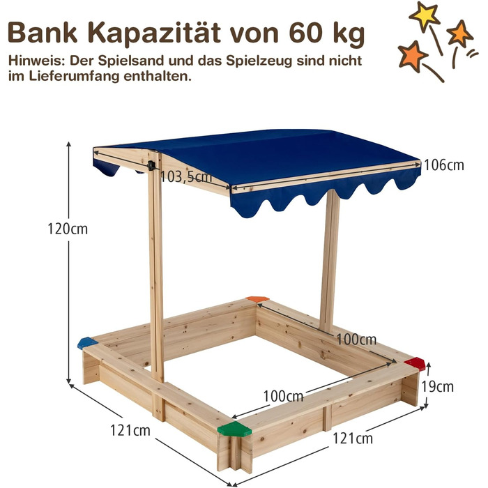 Дерев'яна пісочниця DREAMADE 121x121x120 см з регульованим дахом, для дитячого майданчика в саду, вдома, на пляжі