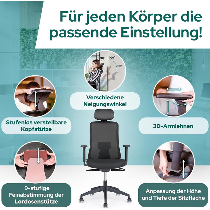 Офісний стілець SCHEKKA® Ергономічний - Індивідуально регульований, з підтримкою попереку, 3D підлокітники та дихаюча сітка - Макс. 150 кг (Без підголовника, Чорний/Червоний)