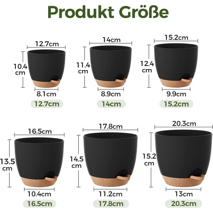 Набір горщиків для квітів Bamworld 6 шт. з автополивом, чорні, різні розміри (12.7-20.3 см), з підставкою, для розсади та кімнатних рослин
