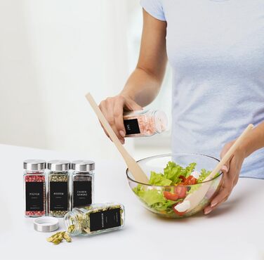 Набір скляних банок для спецій з дозатором [24 x 120 мл] з 303 етикетками | Набір банок для спецій з бамбуковими кришками, 24 шт., чорний колір