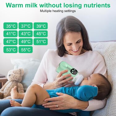 Підігрівач молока бездротовий з LED дисплеєм температури, 8000mAh, для дитячих пляшок, в подорожах, 6 режимів, швидкий нагрів, USB-C зарядка, термоізоляційний чохол для материнського молока, блакитний (зелений)