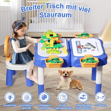 Дитячий стіл Fygurso з кріслом та 90 великих кубиків для конструювання. Трансформується в коробку на колесах. Для дітей від 3 років.