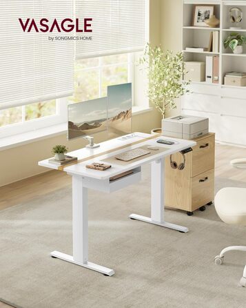 Електричний регульований стіл VASAGLE 120x60 см, білий + горіховий, з пам'яттю висоти, з розетками та ящиком