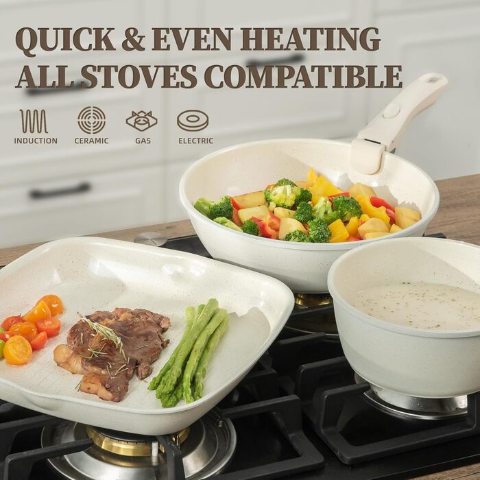 Набір каструль та сковорідок з керамічним покриттям 23 частини. Антипригарне покриття, знімні ручки, підходить для всіх плит, духовка, без PFAS, PTFE, PFOA. Кремово-білий колір.