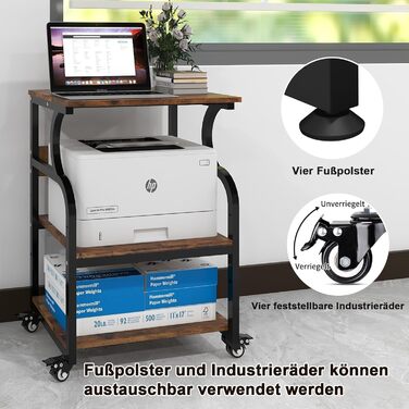 Регульований стіл для принтера PUNCIA з 3 ящиками та колесами. Мобільний візок для принтера з дерева та металу (60 x 50 см, Retro)