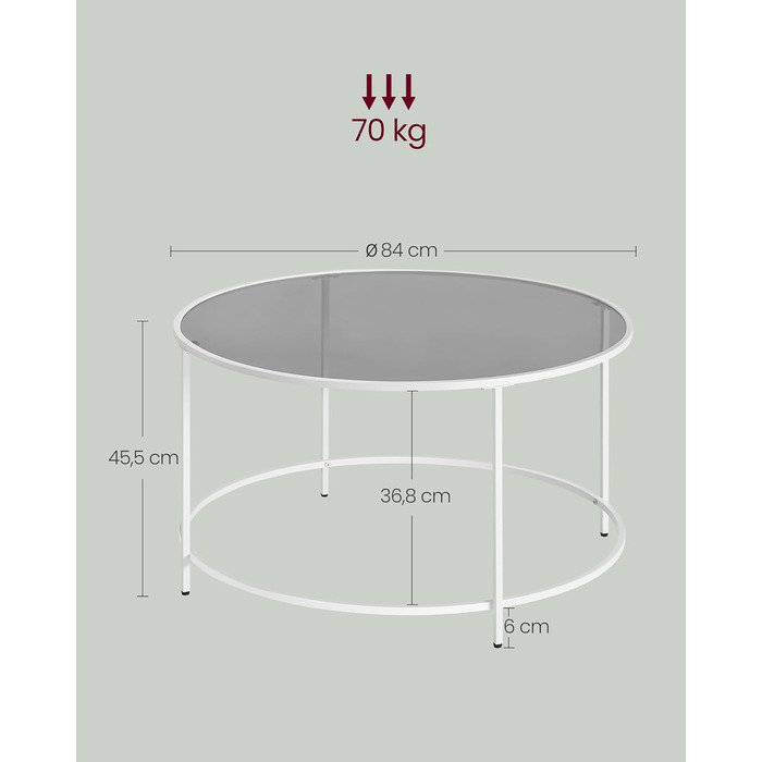Журнальний столик VASAGLE, скляні меблі для вітальні, сталевий каркас, круглий журнальний столик, LGT21G (перлинно-білий шиферно-сірий)