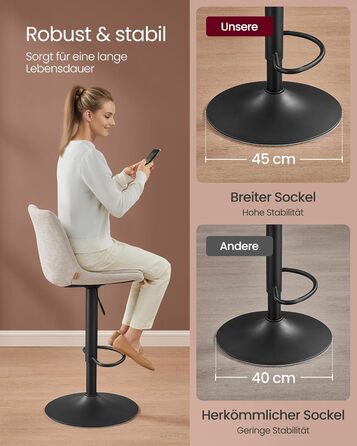 Барні стільці VASAGLE 2 шт., регульовані по висоті, обертаються, зі спинкою та підніжкою, для кухні, їдальні, бару, сталеві, LJB195G02 (кремово-білий, фланель)