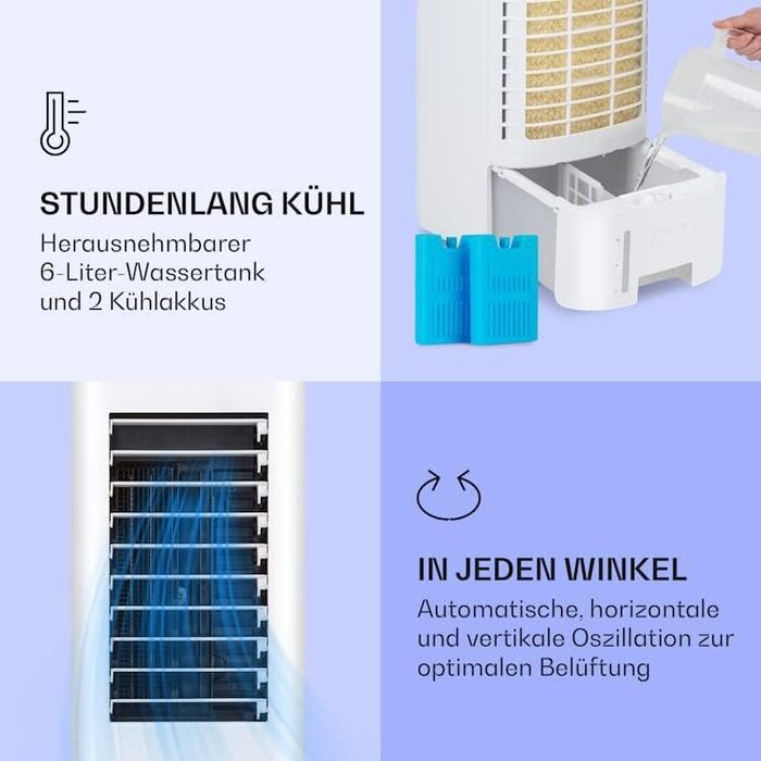 Охолоджувач Klarstein IceWind Max: 4-в-1, водяний, вентилятор, зволожувач, нічний режим, 60W, 330 м³/год, білий