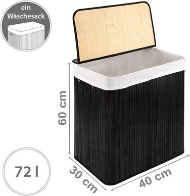 Бамбуковий кошик для білизни PANA ECO з кришкою * дерев'яна сумка для білизни * складаний колектор для білизни * шафа для білизни у ванній * 100 бамбук * колір * * розмір (72 л 40 х 30 х 60 см), чорний)