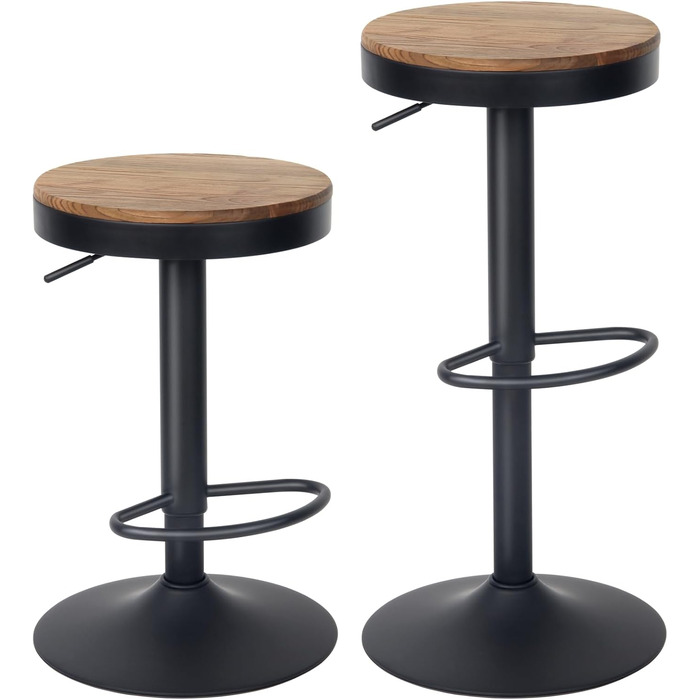 Барні стільці Kidol & Shellder 2 шт. Регульована висота, поворотні на 360°, кругла дерев'яна стільниця на металевому каркасі, чорний колір. Підходять для кухні, бару, вітальні.