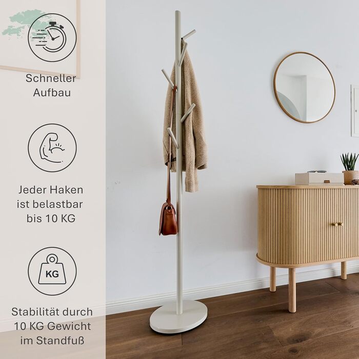 Стійка для одягу Loft - металева, біла, 5 гачків, 170 см, для прихожей, спальні, офісу