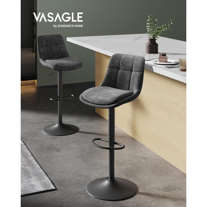 Барні стільці VASAGLE 2 шт., регульована висота, обертаються, зі спинкою та підніжкою, для кухні, їдальні, бару, сталеві, сіро-кам'яні, LJB195G02