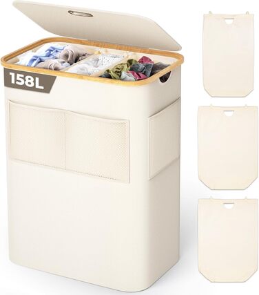 Кошик для білизни OUSFOT з кришкою, 3 відділення, 158л, сортер для білизни, знімний мішок, сітчаста кишеня, бамбукова коробка для білизни, бежевий