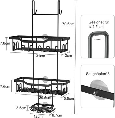 Підвісна душова полиця ZUIMENG, 3 яруси, без свердління, з мильницею та гачком, чорна