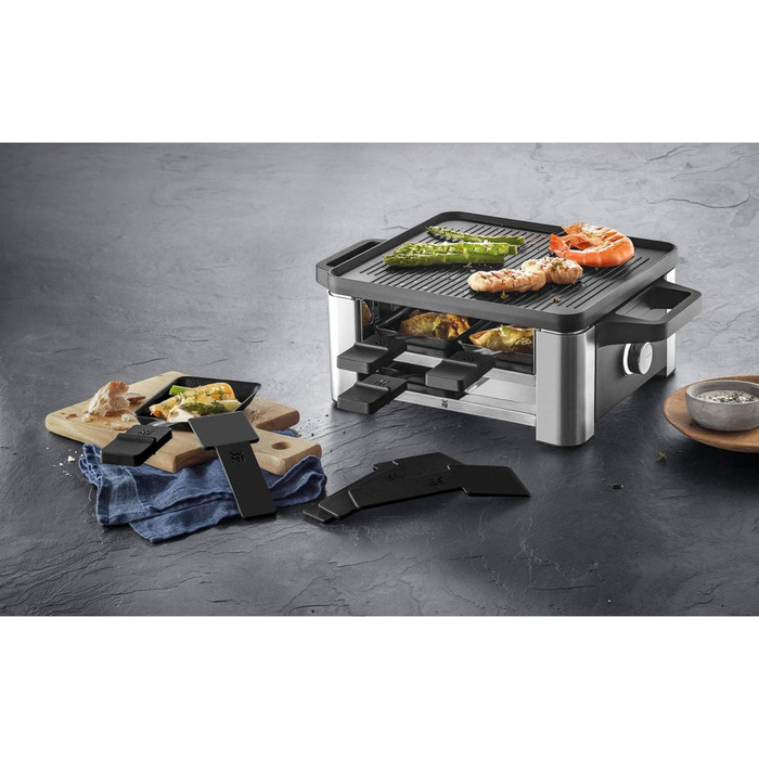 Raclette WMF 4 персони з пательнями та скребками, 870 Вт, нержавіюча сталь матова (набір 2 шт.)