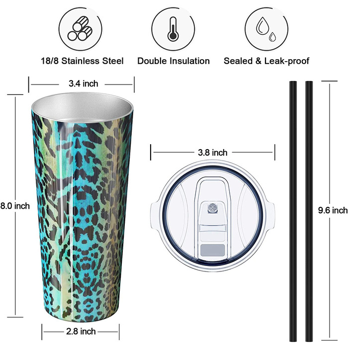 Дорожня кружка Aikico з кришкою, кавова чашка з вакуумною ізоляцією і соломкою, яка зберігає напої холодними і гарячими (леопард, 4 шт.)