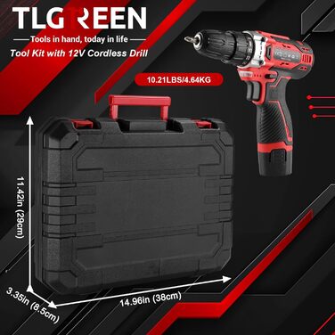 Набір інструментів TLGREEN акумуляторний (138 предметів) з дрилем-шуруповертом 12V, червоний – для ремонту та побутового використання
