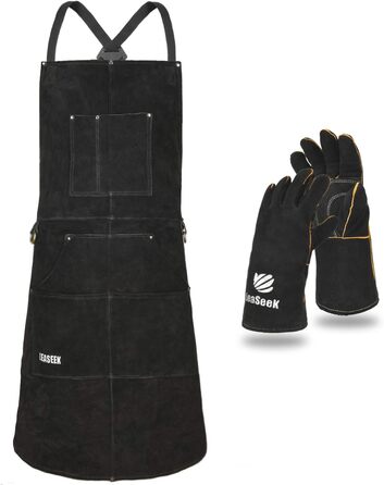 Фартух з шкіри для зварювальників LeaSeek, термостійкий та вогнестійкий, 6 кишень, 42' x 36' з рукавичками