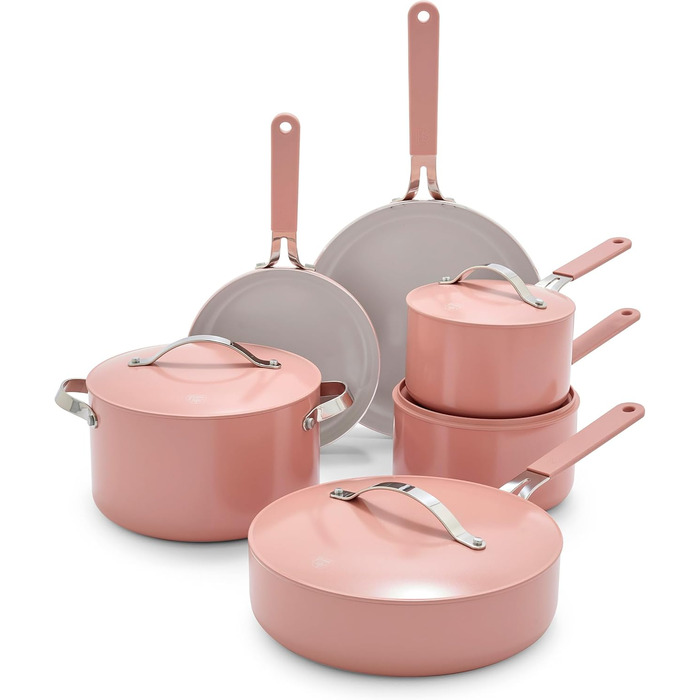 Набір кухонного посуду GreenLife Dream 10 предметів з керамічним покриттям, рожевий (Dusty Pink), без PFAS та PFOA, для плити та духовки