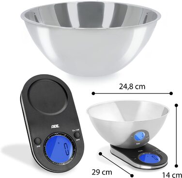 Цифрові кухонні ваги ADE з високоякісною чашею з нержавіючої сталі об'ємом 2 л / до 5 кг / великі цифри, легко читаються