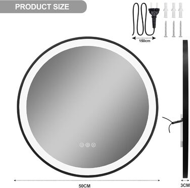 Круглий LED-дзеркало для ванної кімнати ChillCruiser 50 см з чорною рамою, антизапар, 3 кольори, 500 мм