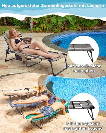 Шезлонг KingCamp великого розміру, розкладний, 5 положень, для саду, відпочинку, кемпінгу, з подушкою та кишенею, до 200 кг, 200 x 68 см, сірий