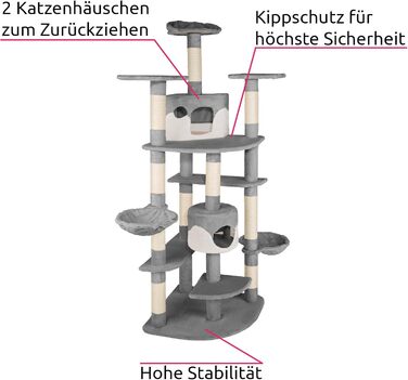 Кігтеточка для кішок tectake XXL для котів, з аксесуарами, лежачий лоток, 2 котячі печери, мотузка з сизалю, стеля висока - сірий/білий