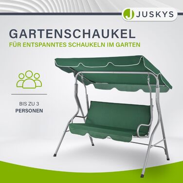 Садова гойдалка Juskys на 3 місця з регульованим дахом і м'якою подушкою, до 200 кг, водостійкий поліестер, антиковзні ніжки, для саду та тераси, зелена