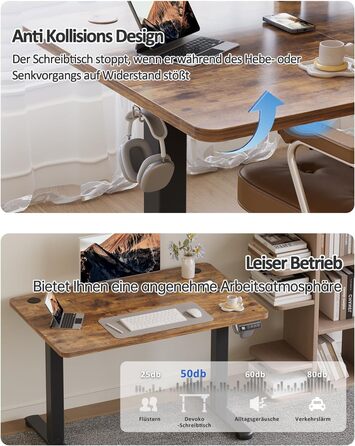 Електричний регульований стіл Devoko 120x60 см, стабільний офісний стіл, стіл для стоячи/сидячи, комп'ютерний стіл з функцією пам'яті, (Коричневий)