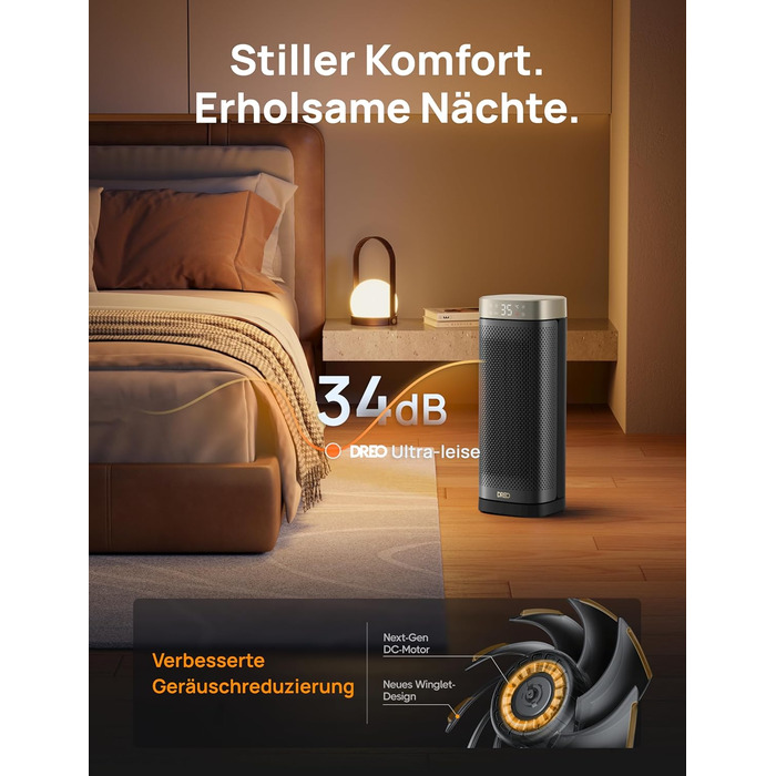 Електричний обігрівач DREO Solaris Slim H2, 2000W, керамічний, з термостатом, таймером, 3 режими, осциляція 70°, захист від перегріву та перекидання, золотий