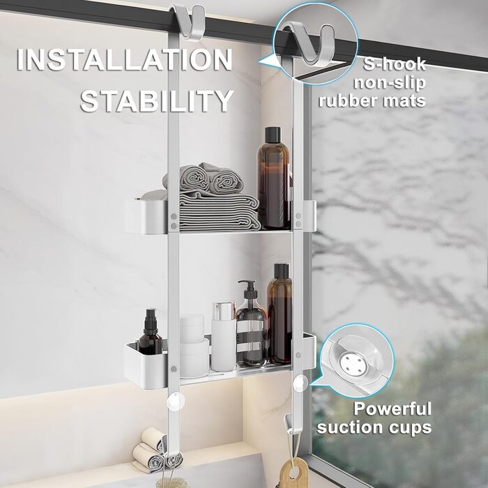 Настінна поличка для душу без свердління, чорна, для скляних душових кабін, регульована висота, 3 гачки для шампуню та гелю для душу