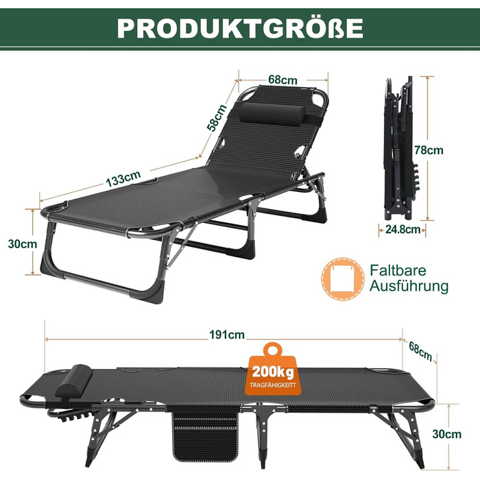 Складана сонячна лежак для саду, 200 кг, з матрацом та підголівником, блакитний. Підходить для балкону, саду, кемпінгу.