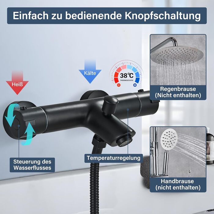 Змішувач для ванни з термостатом, чорний, настінний монтаж - універсальний для ванни та умивальника
