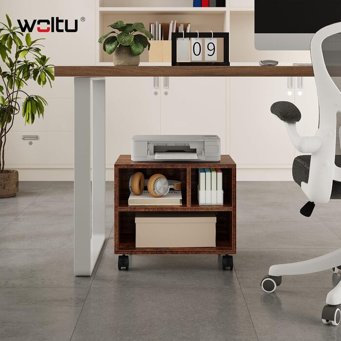 Стіл для принтера WOLTU на колесах, мобільний, з 3 ящиками, 40x35x30 см, білий/коричневий