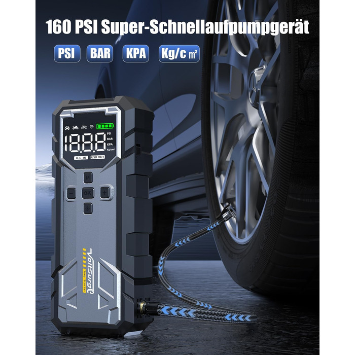 Powerbank Starthilfe 7000A з компресором та LED-ліхтариком: 160PSI, 12V для бензинових та дизельних авто (10L)