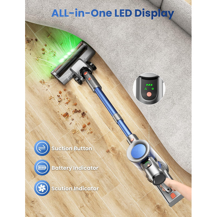 Бездротовий пилосос Dzaki 45000Pa з акумулятором, Smart-дисплеєм, функцією паркування та антизаплутанащістю для килимів, твердих поверхонь, шерсті тварин та авто (блакитно-сірий)
