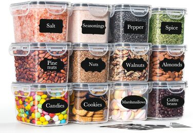 Набір контейнерів для зберігання GoMaihe 12 шт: герметичні, 800 мл, з етикетками, чорні. Ідеально для продуктів, цукру, спецій. Без BPA, можна мити в посудомийній машині.