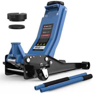 Гідравлічний домкрат 3T низькопрофільний 75-505мм з гумовими накладками для легкових авто та SUV – професійний, на колесах 360° (блакитний)