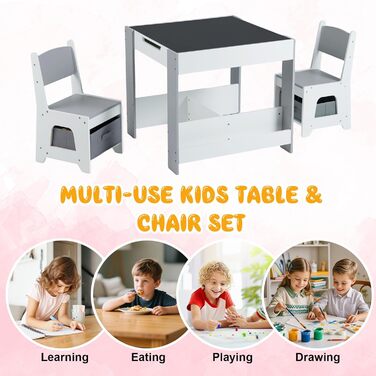 Дитячий стіл LIFEZEAL 3 в 1 з 2 стільцями: стіл для малювання, активностей та обідній стіл. Дерев'яна дитяча група з місцем для зберігання (світло-сірий)