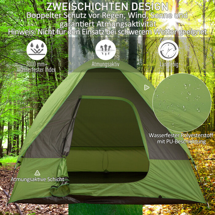 Автомобільний намет Outsunny Camping Tent на 4-5 осіб, 300 x 300 x 230 см, виготовлений зі скловолокна та поліестеру, зелений, ідеально підходить для пригод на свіжому повітрі
