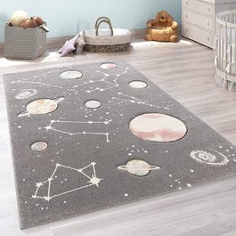 Ігровий килимок Paco Home для дитячої кімнати з планетами і зірками сірого кольору, розмір 120x170 см