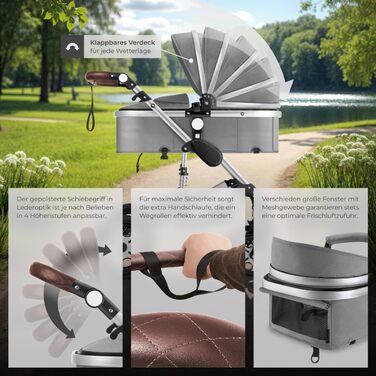 Дитяча коляска Tectake 2 в 1, розкладний візок-бугі з функцією ліжечка, з підставкою для ніг, візок з тримачем для напоїв, знімною колискою та дощовиком (Сірий)