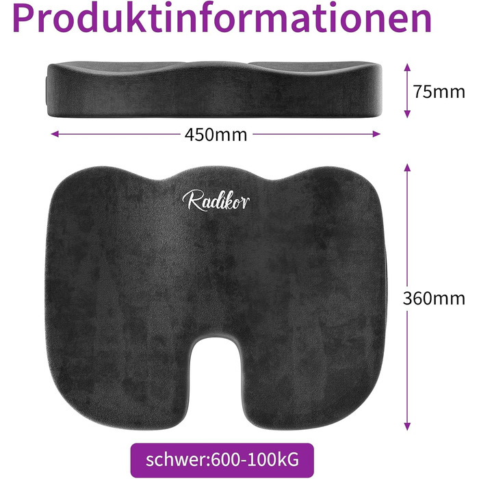 Ортопедична подушка на сидіння для копчика та стегон, ергономічна подушка для офісного крісла та авто з ефектом пам'яті (Memory Foam), протиковзкою основою, чорна