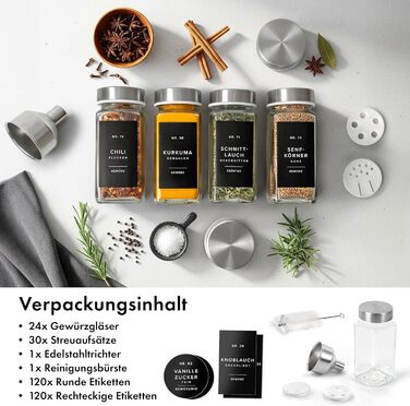 Набір кутових банок для спецій з нержавіючою кришкою (24 x 120 мл) з дозатором та 240 чорними етикетками - високоякісні контейнери для спецій, органайзер для спецій [10,7 см x 4,5 см]