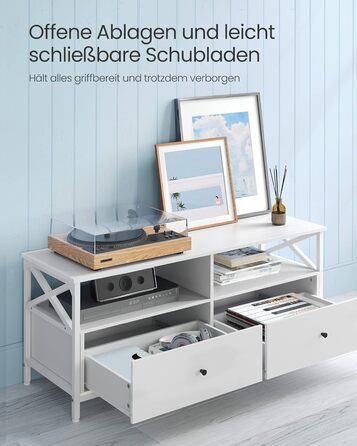 Тумба під телевізор VASAGLE, 120 см, з 2 шухлядами та 2 відкритими полицями, для телевізорів до 55 дюймів, сталевий каркас, вінтажний колір, LTV300B01