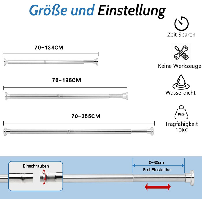 Телескопічна штанга 70-255CM Висувна штора для душу без свердління Срібний затискач для шафи