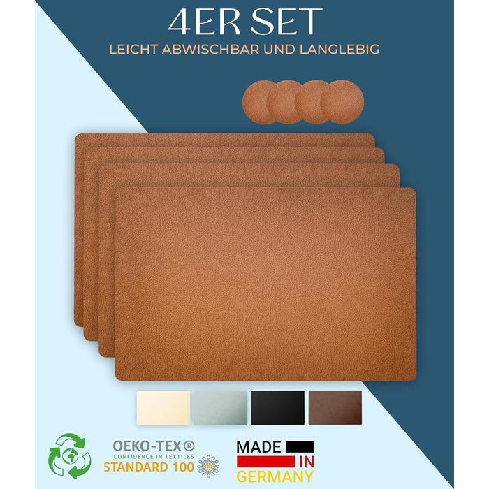 Набори серветок на стіл, 4 шт. – Екологічні, стабільні та нековзні – З високоякісної переробленої шкіри, Made in Germany (Bison)