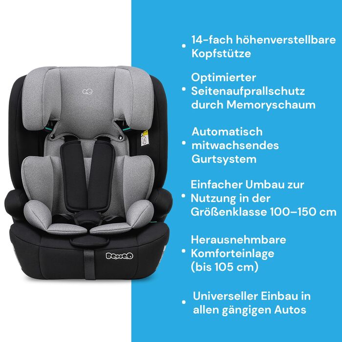 Дитяче крісло i-Size без Isofix від 1 року, автокрісло від 76 до 150 см, зростаюче разом з дитиною - Black Grey