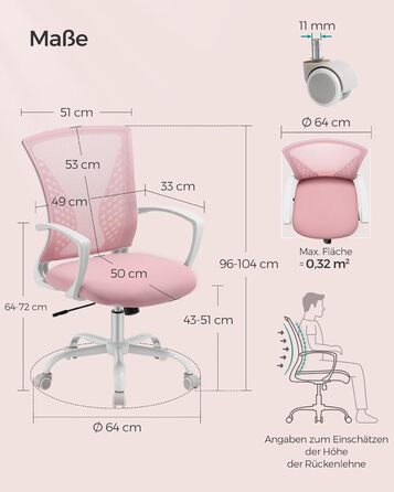 Ергономічне офісне крісло SONGMICS для комп'ютера, сітчасте стілець для робочого столу з функцією гойдання, регулюванням висоти, пастельно-рожеве, до 120 кг, OBN022GD01